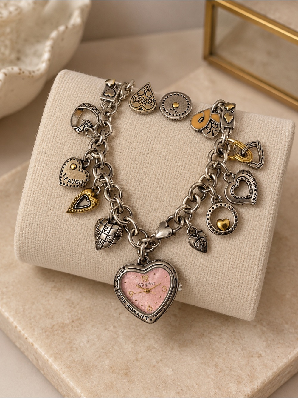 Brighton Heart Charm Bracelet Watch with Pink Dial and Mixed Metal Accents
